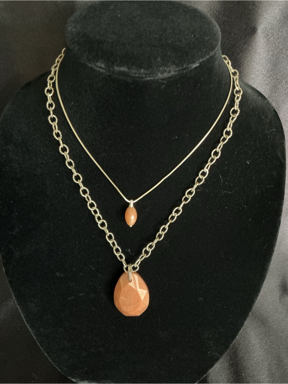 Vintage Goldstone Teardrop Pendant Layered Necklace - Gold Tone